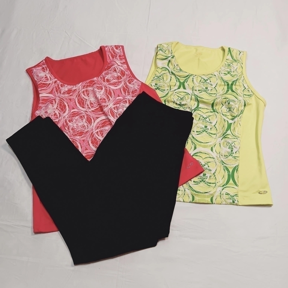 Bundle 2Champion  L  Fitted Workout Cycling Tank Top Back Pocket 1 leg End Leggi